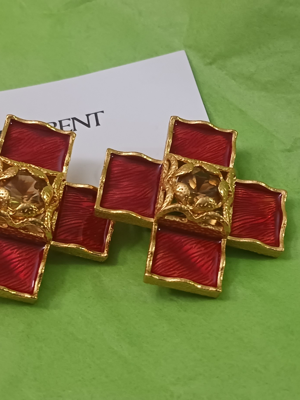 Red and Gold Statement Cross Earrings by Saint Laurent Clip Ons Made In FRANCE